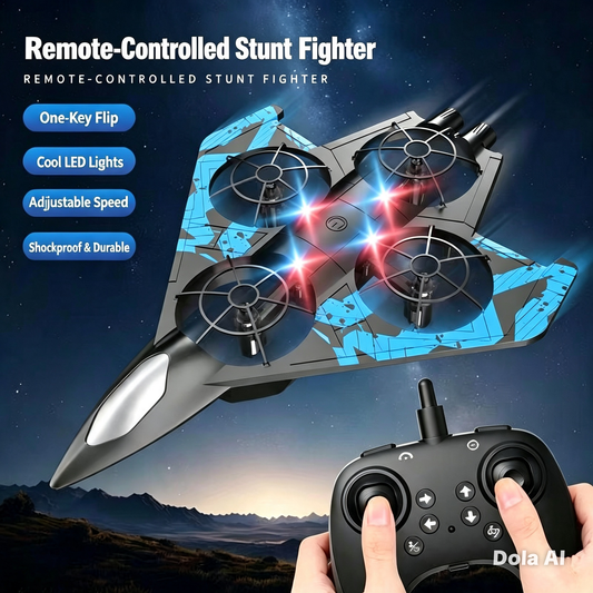 Remote Control Stunt Fighter — LED Lights, One-Key Flip, Durable Airplane Toy