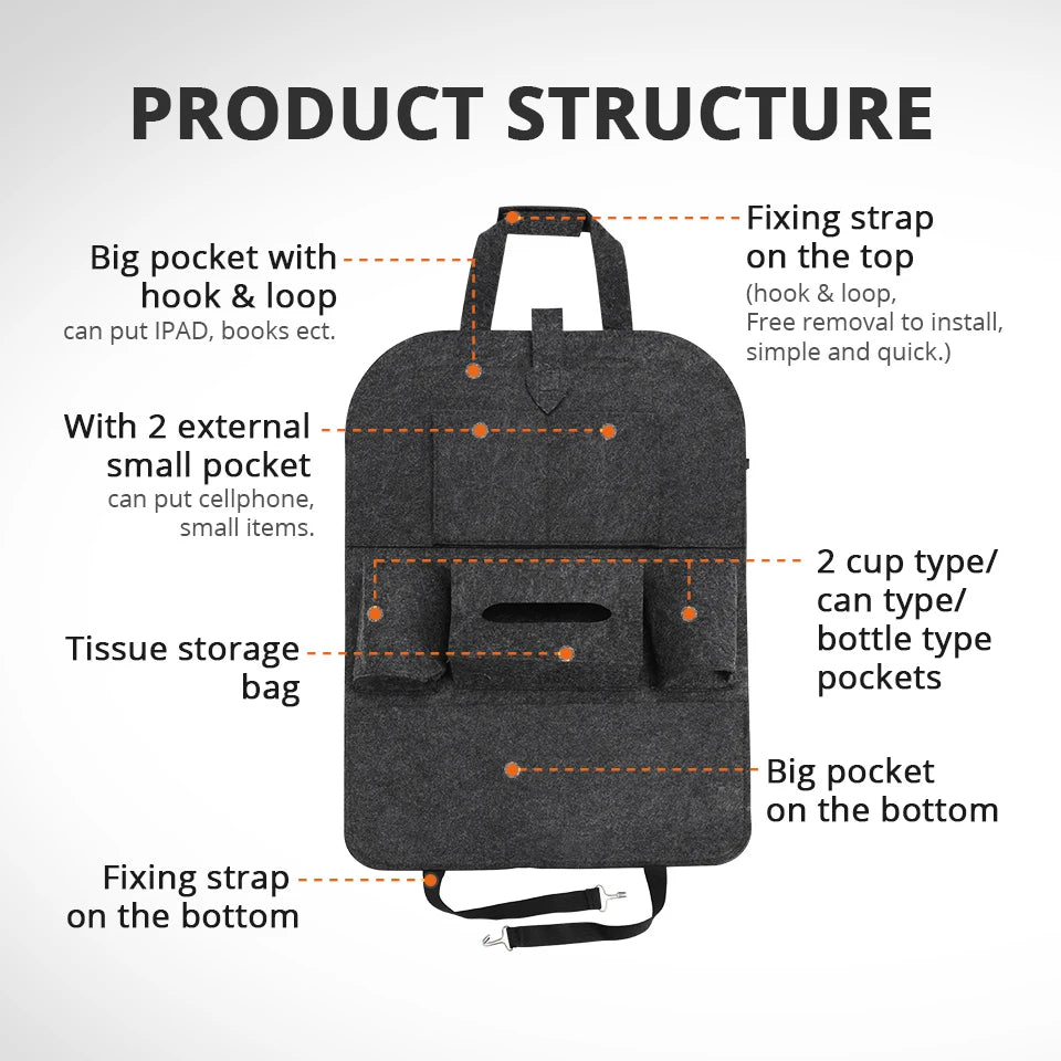 1pc Universal Car Back Seat Storage Bag Organizer Trunk Elastic Felt Storage Bag 6 Pockets Organizer Hanging Car Accessories