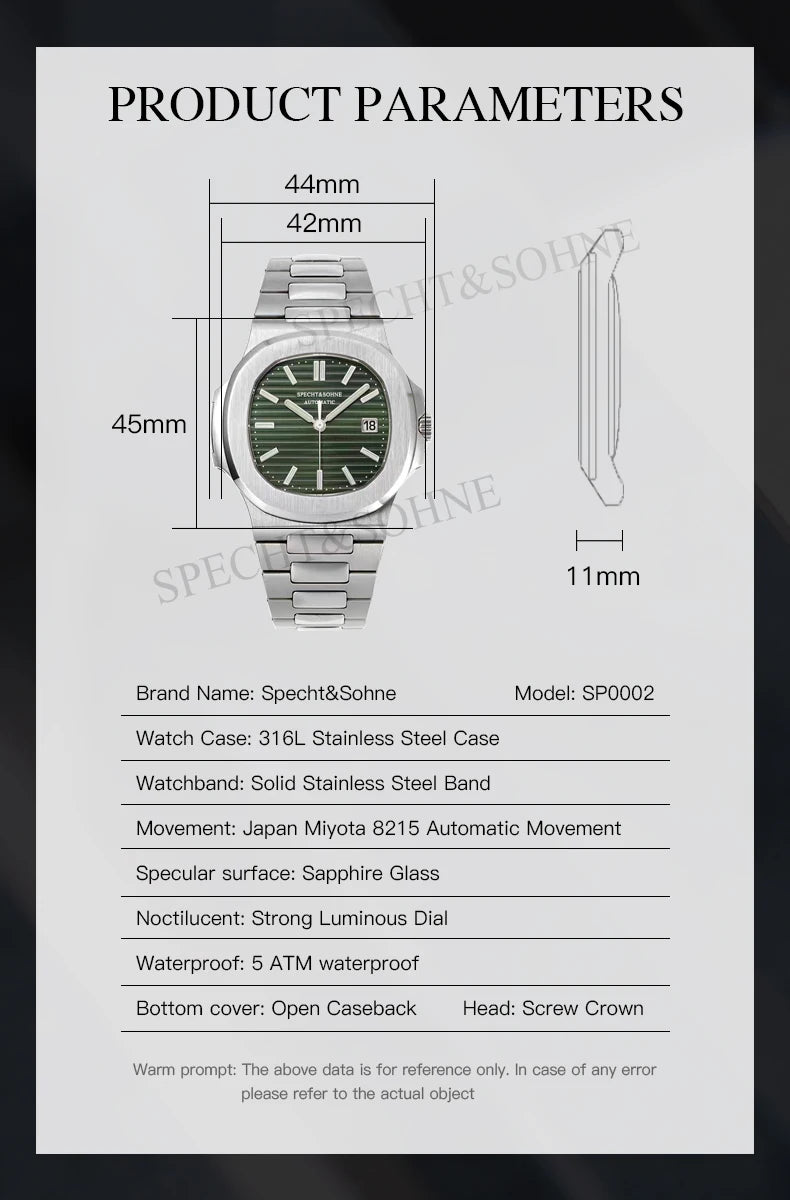 2025 Specht&Sohne New Hot Selling Men's Automatic Mechanical Watch Sapphire Crystal Stainless Steel Sports Watch Waterproof 50M