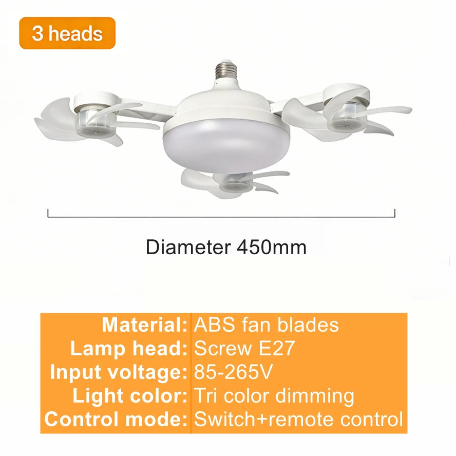 E27 3 in 1 Fan Light Bulb Drone Design 3/4 Blades Remote Control Ceiling Fan Lamp AC85V-265V for Bedroom Restaurant Living Room