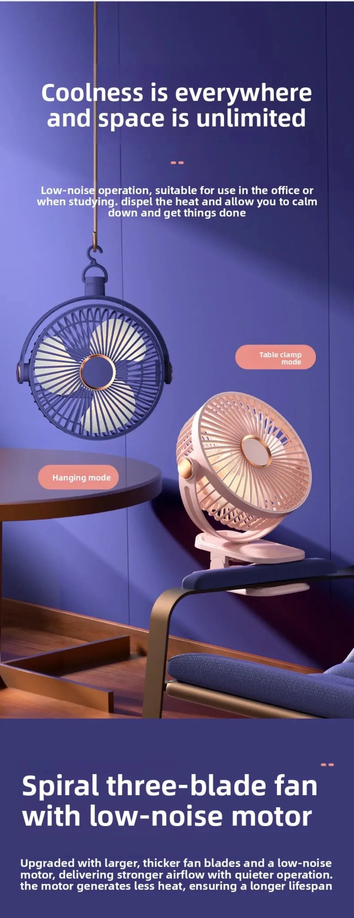 Portable Clip-on Fan 4-in-1 Quiet DC Brushless Motor Mini Desk Fan With 3Level Night Light 720° Rotation For Home Office Camping
