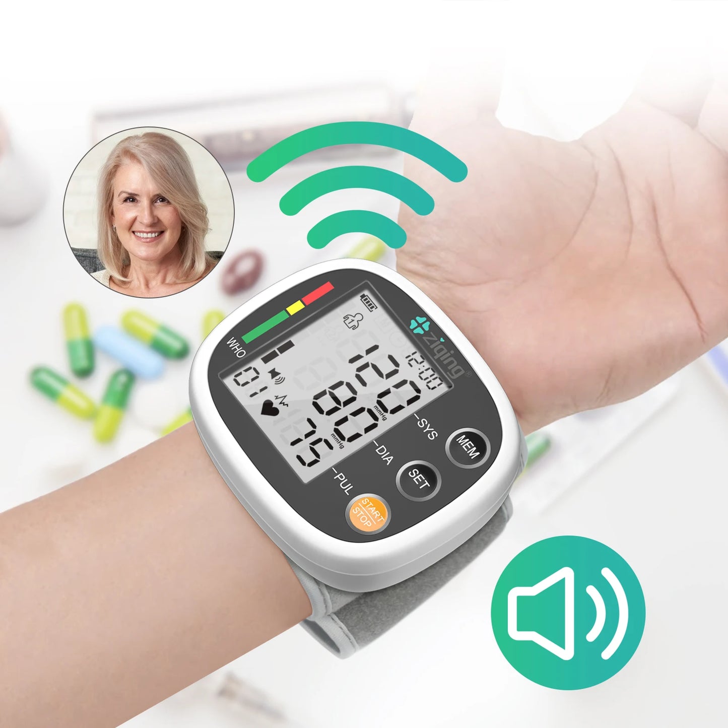 Ziqing Rechargeable Wrist Blood Pressure Monitor Sphygmomanometer Tonometer Tensiometer Heart Rate Pulse Meter Voice BP Monitor