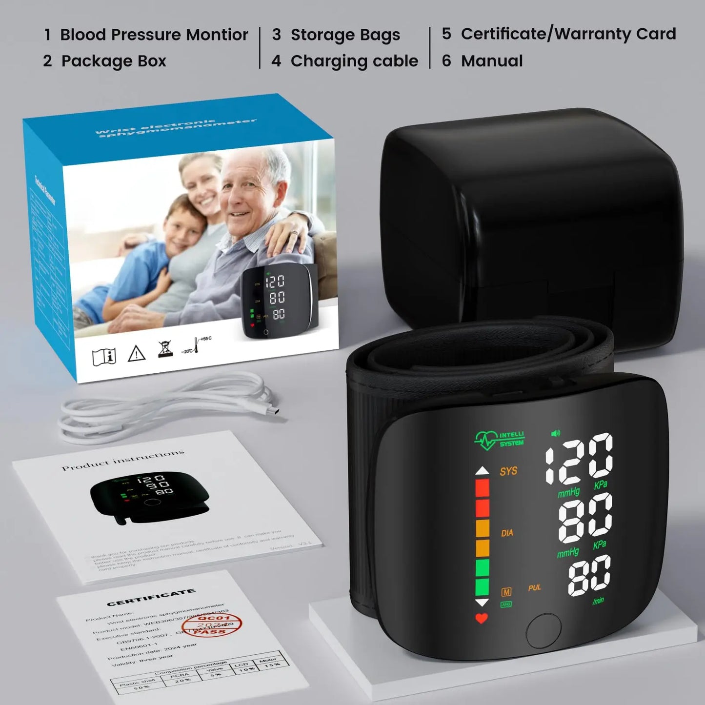 Ziqing Rechargeable Wrist Blood Pressure Monitor Sphygmomanometer Tonometer Tensiometer Heart Rate Pulse Meter Voice BP Monitor
