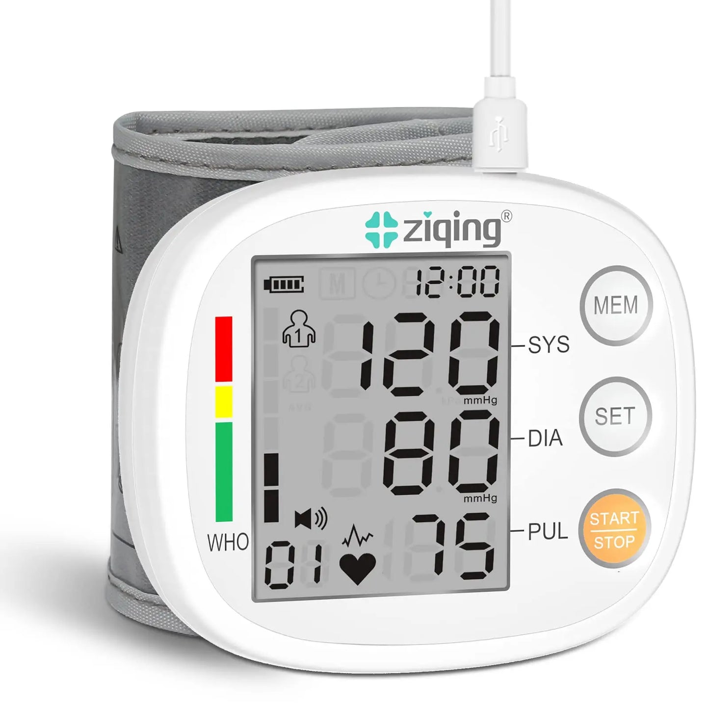 Ziqing Rechargeable Wrist Blood Pressure Monitor Sphygmomanometer Tonometer Tensiometer Heart Rate Pulse Meter Voice BP Monitor