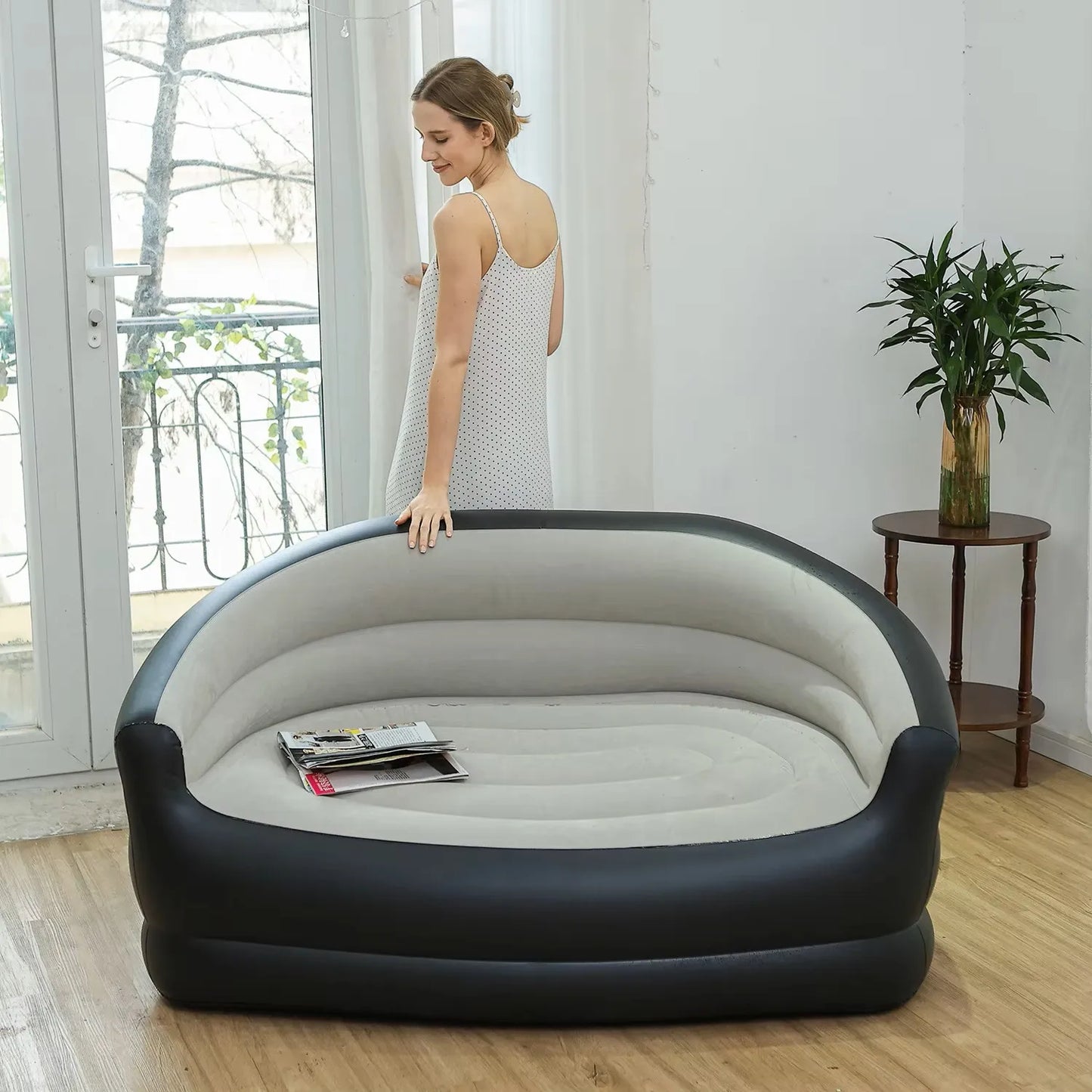 Inflatable Double Sofa with Foot Pump  New Flocked Inflatable Couch for Two, Outdoor Lazy Sofa
