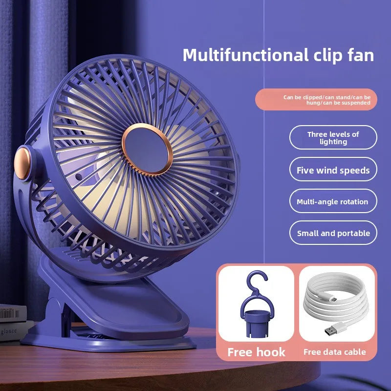 Portable Clip-on Fan 4-in-1 Quiet DC Brushless Motor Mini Desk Fan With 3Level Night Light 720° Rotation For Home Office Camping