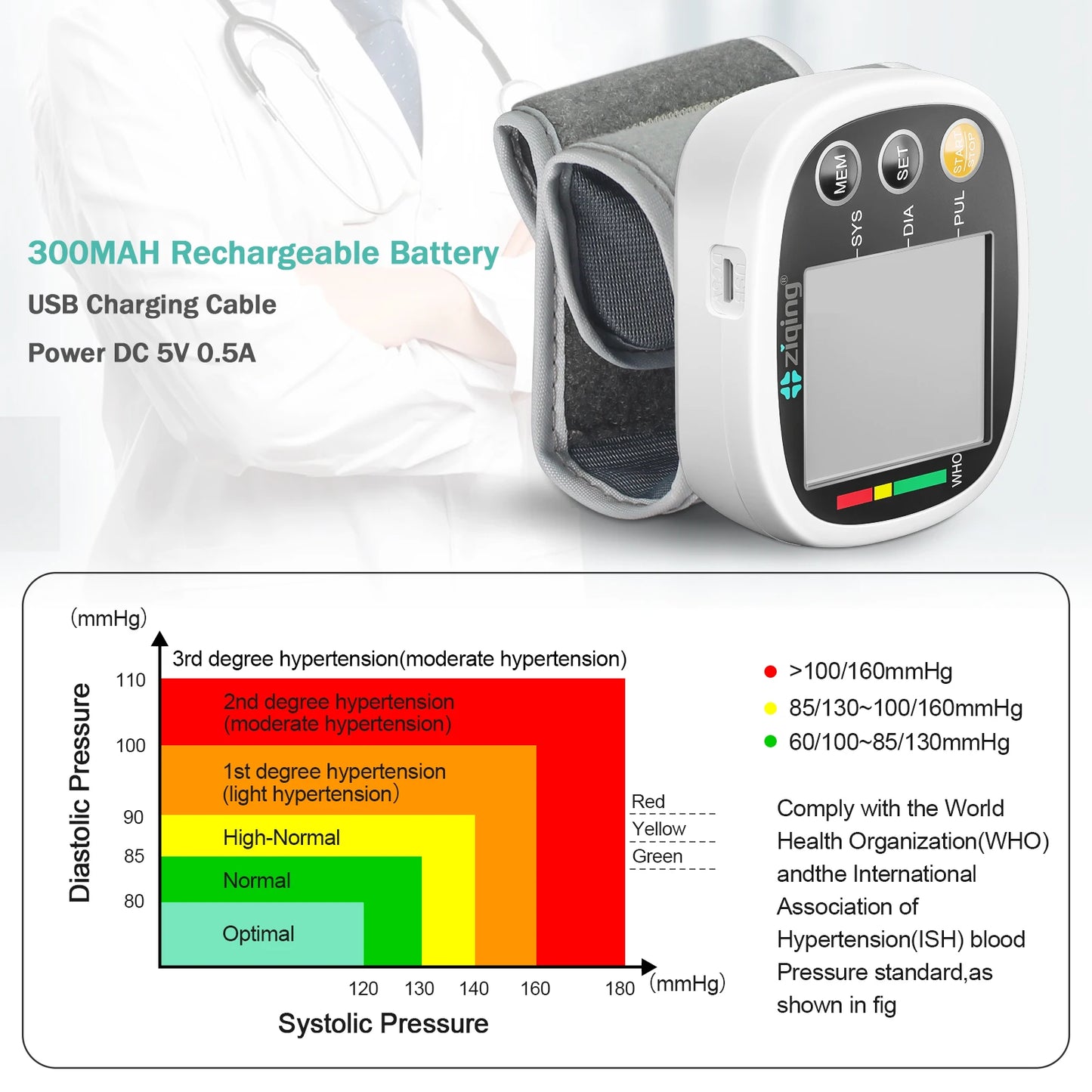 Ziqing Rechargeable Wrist Blood Pressure Monitor Sphygmomanometer Tonometer Tensiometer Heart Rate Pulse Meter Voice BP Monitor