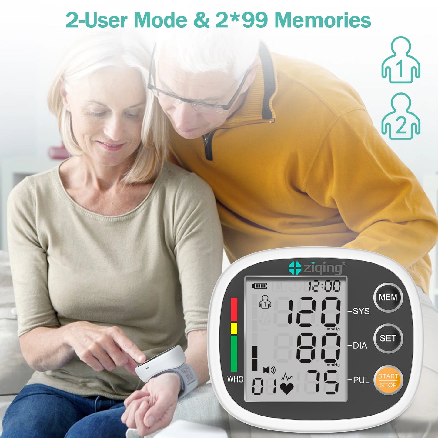 Ziqing Rechargeable Wrist Blood Pressure Monitor Sphygmomanometer Tonometer Tensiometer Heart Rate Pulse Meter Voice BP Monitor