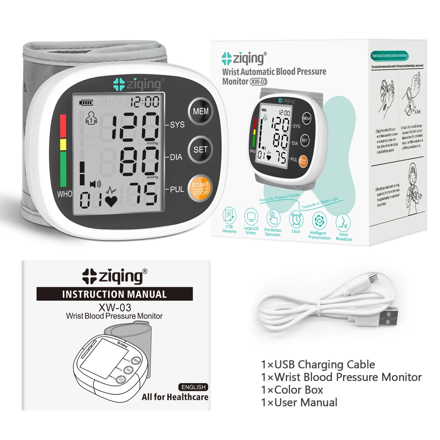 Ziqing Rechargeable Wrist Blood Pressure Monitor Sphygmomanometer Tonometer Tensiometer Heart Rate Pulse Meter Voice BP Monitor